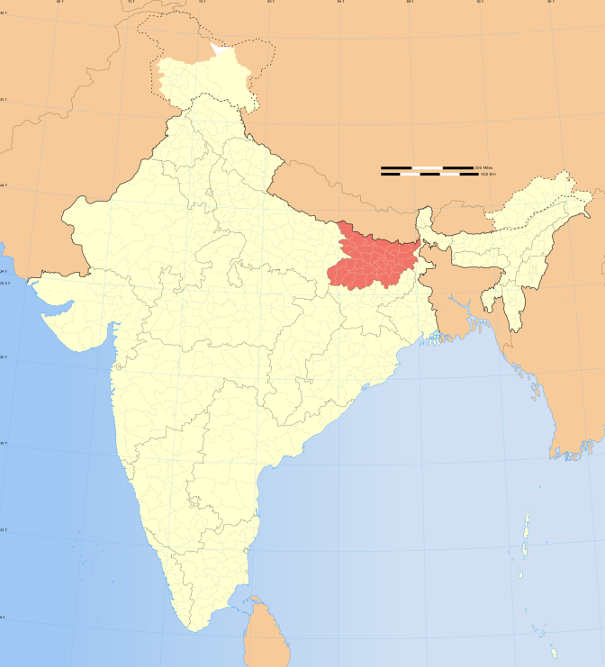 Bihar on map of India 